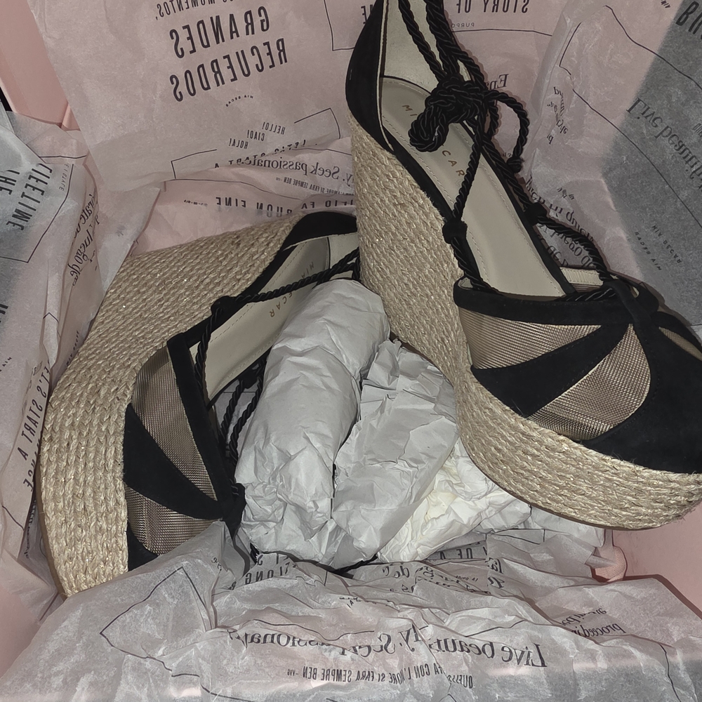 Mia Becar Black and Natural Rope Espadrille Wedges with Ankle Ties